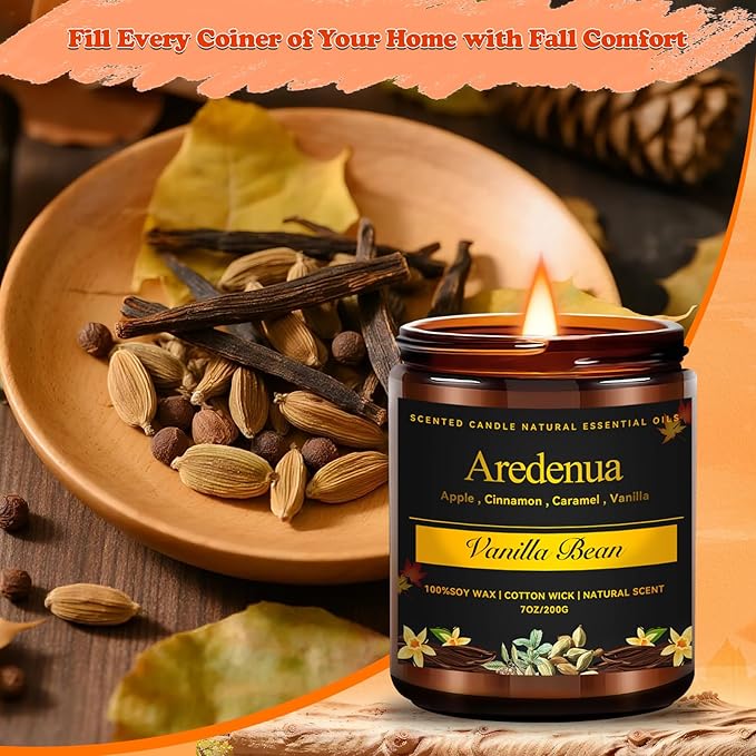 Vanilla Bean Candle - Odor Eliminating Candle | 7oz Soy Candles for Home, Air Freshening & Cozy Vanilla Scent, Odor Fall Candles Gift - Up to 50 Hour Burn time