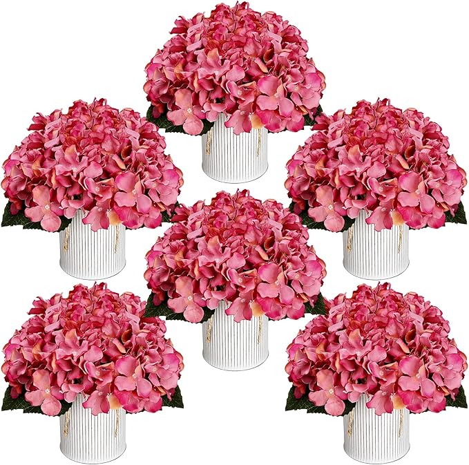Flower Table Centerpieces - Set of 6 Floral Arrangement Artificial Wedding Hydrangeas Floral Arrangement with Rustic Metal Vase for Bridal Tea Party Event Decorations - Dusty Pink