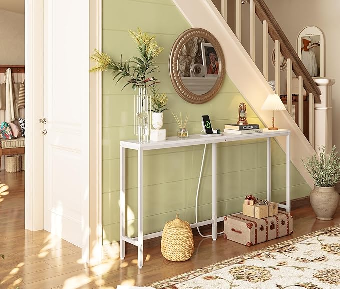 SUPERJARE Console Table with Outlet, 63 Inch Sofa Table with Charging Station, Narrow Entryway Table, Skinny Hallway Table, Behind Couch Table, for Living Room, Plants, White