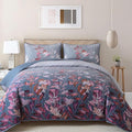 WONGS BEDDING 3 Pieces Quilt Set Queen Size, Blue-Purple Floral Bedspread Coverlet Set, Soft Microfiber Lightweight Floral Bedding Set King 104"×90"