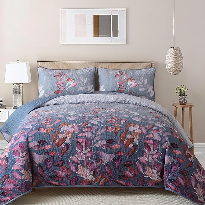 WONGS BEDDING 3 Pieces Quilt Set Queen Size, Blue-Purple Floral Bedspread Coverlet Set, Soft Microfiber Lightweight Floral Bedding Set King 104"×90"