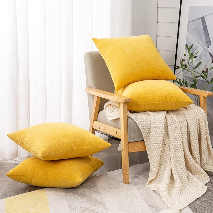 GAWAMAY Decorative Square Throw Pillow Covers 18"x18" Inch Set of 4, Super Soft Chenille Pillows Cover Fall Pillowcase for Living Room Bedroom Sofa Couch Cushion Cover Mustard Yellow 45x45cm