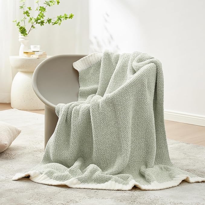 Snuggle Sac Heather Sage Green Blanket for Couch, Reversible Super Soft Knitted Blankets Warm Cozy Fuzzy Plush Throw Blankets for Sofa, Bed, Camping, Sage Green, 60x80 inches