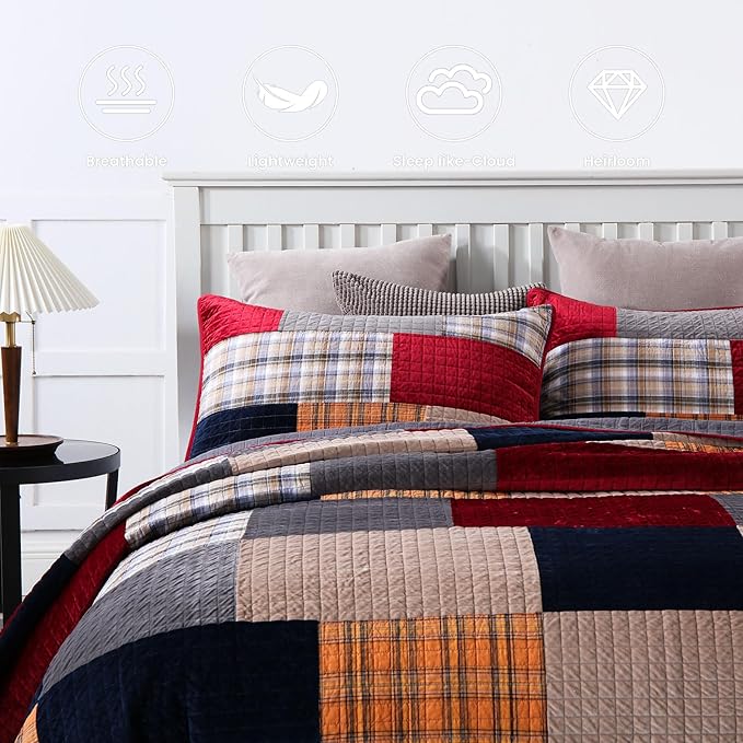 Secgo Imports Velvet King Size Comforter Set- Cotton & Velvet Quilt King Size Set, Red, Black bedspreads (96 * 108 Inch) with 2 Pillow Shams, Patchwork Reversible Lightweight Bedding