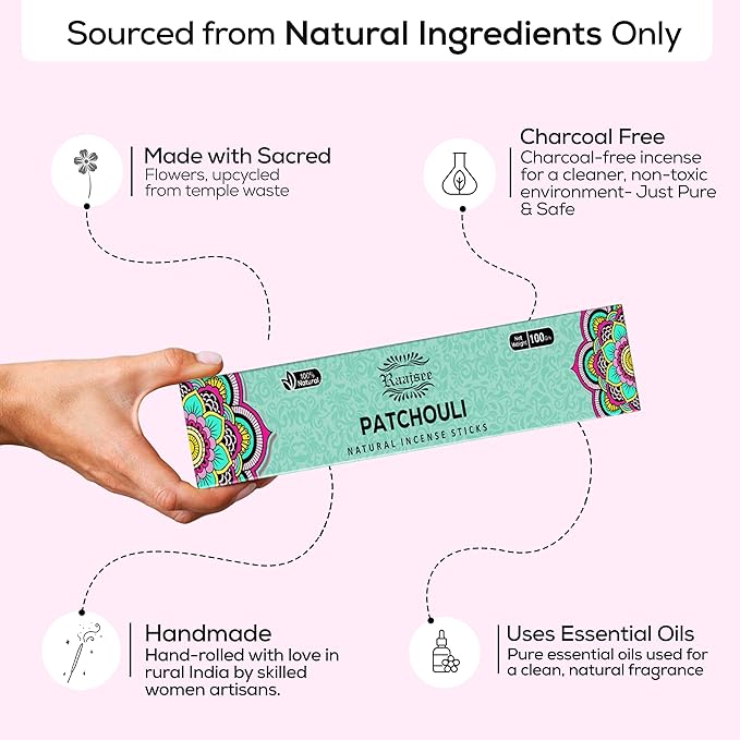 Raajsee Patchouli Incense Sticks (180 gm), 100% Pure Organic Natural Hand Rolled Free from Chemicals - Patchouli Incense Perfect for Aromatherapy, Cleansing, Meditation, and Church(Pack of 12)