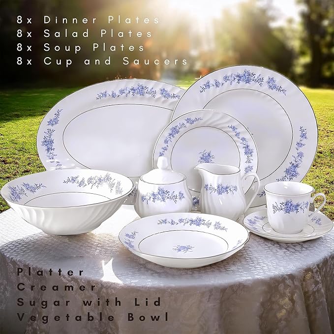 Lynns Paradise Royal Rose Floral 45-Piece Dinnerware Set | Silver Trim | Embossed Swirl | Plates & Bowls Sets | Apartment Essentials | Home Kitchen Accessories | Floral Print