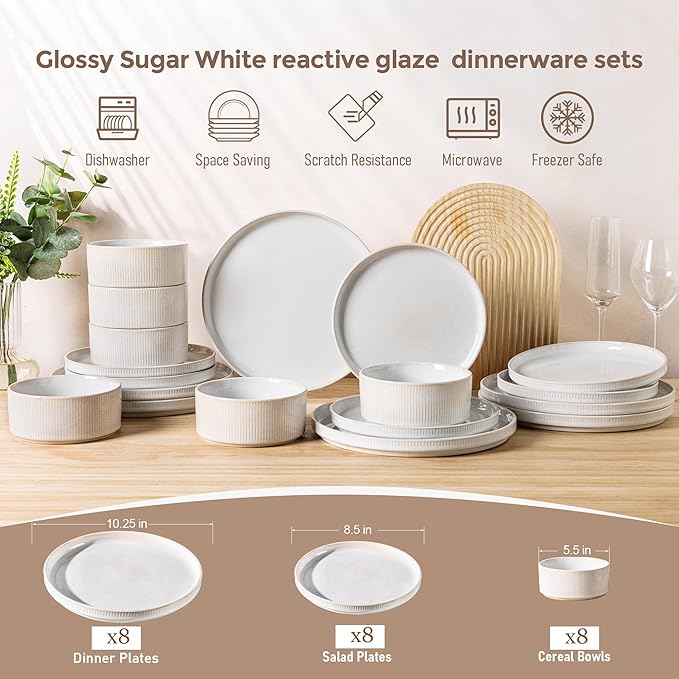 GBHOME Stoneware Dinnerware Sets for 8,Round Reactive Glaze Ceramic Plates and Bowls Set,Highly Scratch Resistant| Dishwasher & Microwave Safe Dishes Set,Service for 8(24Pcs)