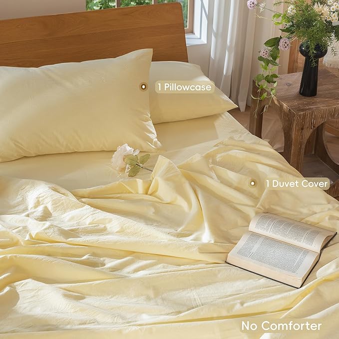 MooMee Bedding Duvet Cover Set 100% Washed Cotton Linen Like Textured Breathable Durable Soft Comfy (Heathered Butter Yellow, Twin 68"x90")