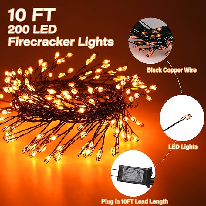 Halloween Fairy Lights Plug in, 10Feet 200 LEDs Firecracker String Lights with Remote, Cluster String Lights for Ceiling Bedroom Wreath Garland Window Bar Haunted Theme Halloween Decoration, Orange
