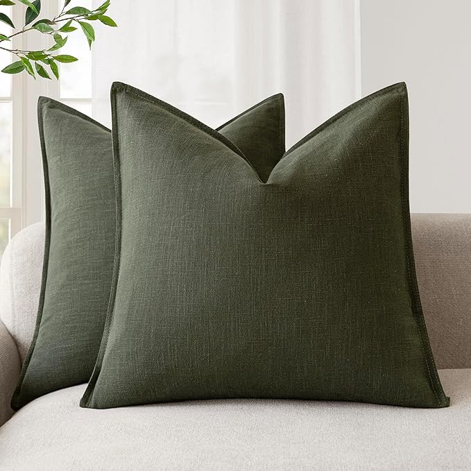 Foindtower Pack of 2, Decorative Linen Solid Throw Pillow Covers Soft Accent Cushion Case Farmhouse Neutral Pillowcase for Chair Couch Sofa Bedroom Living Room Home Decor 26 x 26 Inch Dark Olive Green
