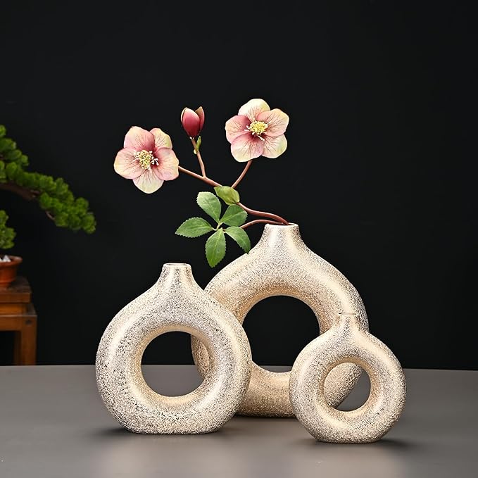 Set of 2 Donut Hollow Ceramic Vase Handmade Minimalist Boho ins Style, Modern Vase for Home Decor for Wedding Dinner Table Party Living Room Office Bedroom (Gold, Extra Large + Large)