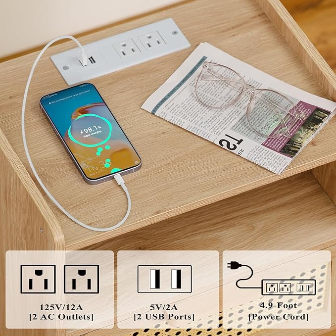 Lerliuo Rattan Nightstand with Charging Station, Boho Night Stand with Handmade Natural Rattan Drawer and Open Shelf, Cane Accent Side End Tables with Solid Wood Legs for Bedroom, Dorm, Small Spaces
