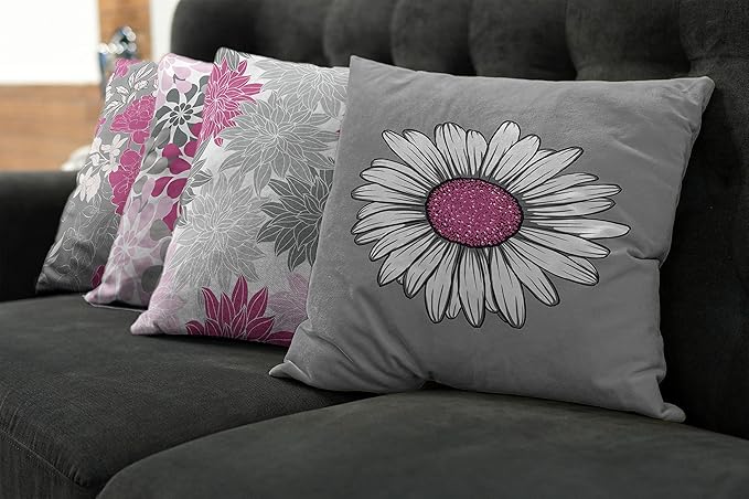 Ambesonne Floral Throw Pillow Cushion Case Pack of 4, Flower Petals Modern Color Palette Chamomile Peony Dahlia and Sunflower Print, Modern Accent Double-Sided Digital Printing, 16", Pink and Grey