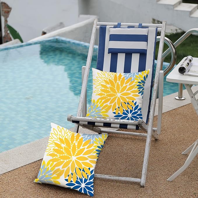 DFXSZ Yellow Blue Flower Pillow Covers 16x16 Inch Set of 2 White Gray Colored Throw Pillows Outdoor Waterproof Decor for Living Room Sofa Patio Funiture Garden Floral Polyester Pillow Covers 002J16