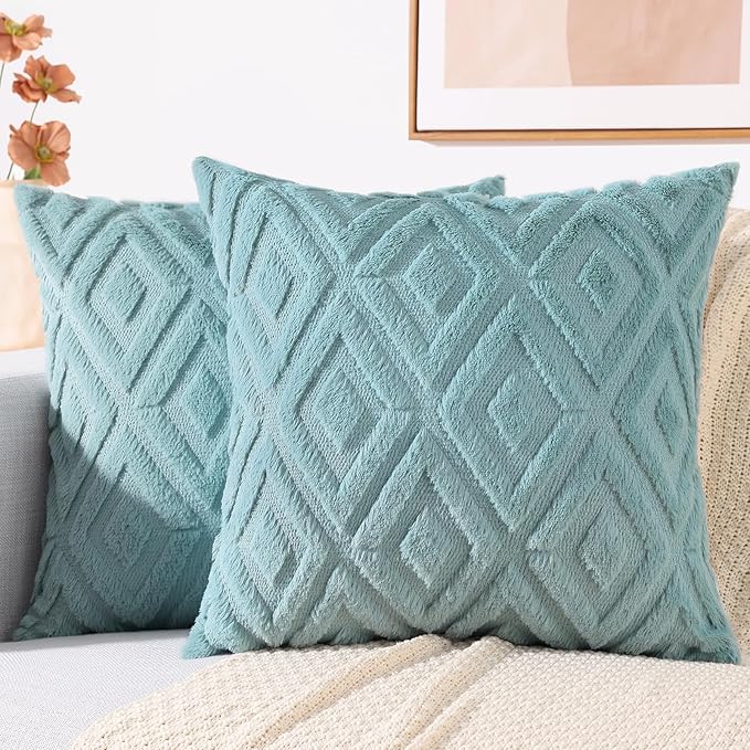 decorUhome Couch Throw Pillow Covers 22x22 Set of 2, Decorative Soft Plush Faux Wool Neutral Accent Pillow Covers for Bed Sofa Living Room, Light Teal