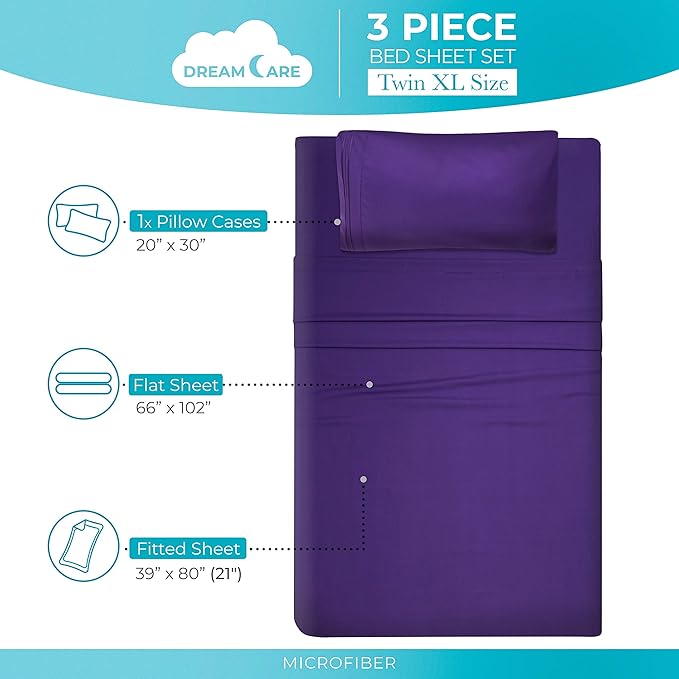 DREAMCARE Twin XL Sheet Sets – 3pcs Cooling Sheets – up to 21” Extra Deep Pocket Twin XL Sheets Set – Hotel Luxury Sheets & Pillowcases – Superior Softness 100% Fine Microfiber with Side Pocket Purple