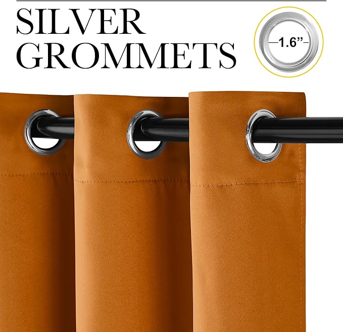 NICETOWN Room Darkening Cafe Satin Curtains for Small Windows, 42" Wide by 84" Long, 2 Panels, Orange, Grommet Privacy Faux Silk Blackout Drapes for Bedroom