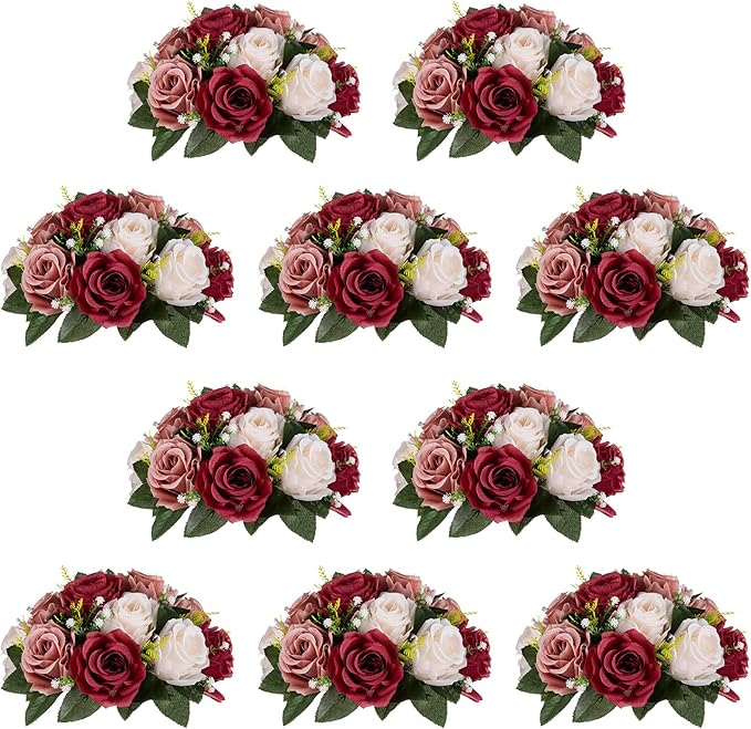 NUPTIO Artificial Flower Centrepieces for Tables - 10 Pcs Burgundy & Dusty Rose & Creamy White Fake Flowers Roses Balls 9.5in Diam - Silk Faux Rose Arrangement for Wedding Party Table Decor