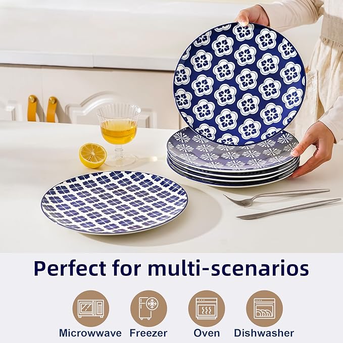 ZONEYILA Porcelain Dinner Plates, 10-Inch Ceramic Plates for Salad, Pancakes, Steak, Large Size Serving Plate for Parties, Restaurant - Dishwasher & Microwave Safe, Set of 6 (Vintage Blue)