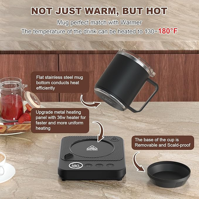 Coffee Mug Warmer & Mug Set for Desk, Electric 36W Coffee Cup Warmer with Auto Shut Off/Timer, Smart Coffee Mug Heater with 16oz Cup for Home/Office, Heated Coffee Cup Gifts for Coffee Lovers,Black