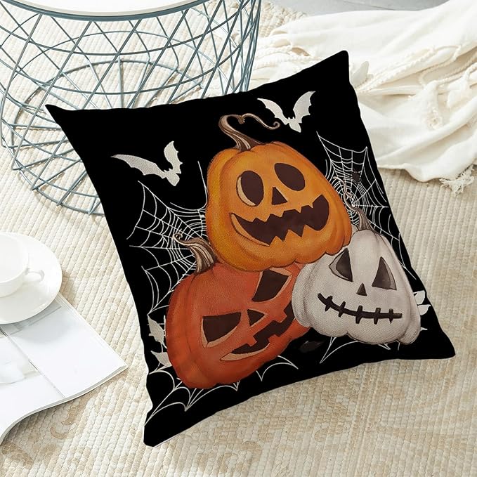 Halloween Pillow Covers 18 x 18 Inch, Burnt Orange Yellow Grey Pumpkin Decor Throw Pillows for Home Couch Bed, Black Cream Spider Web Bat Fall Decorative Pillowcase Linen Cushion Cover Set of 2