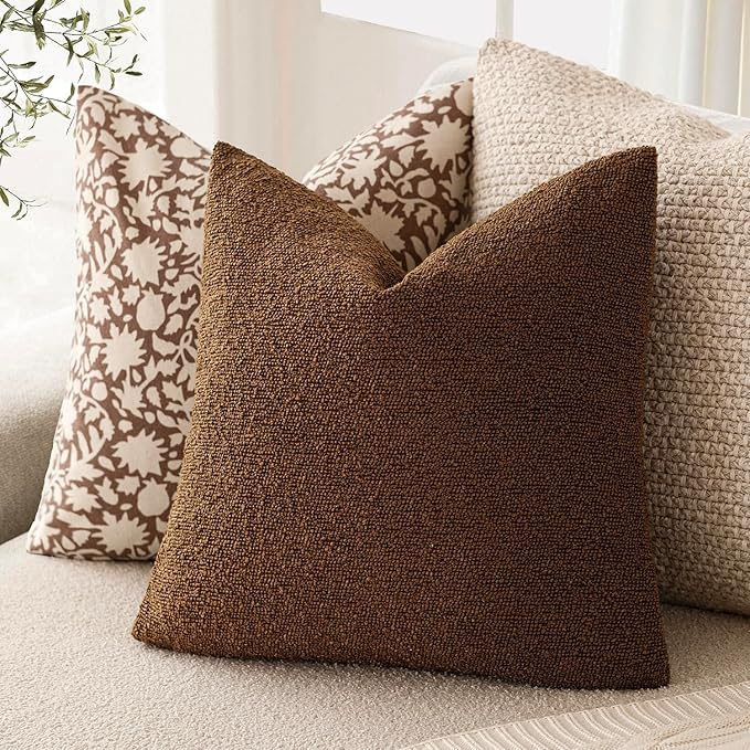 Foindtower Decorative Textured Boucle Throw Pillow Covers Accent Solid Pillow Cases Neutral Soft Cozy Couch Cushion Case for Chair Sofa Bedroom Living Room Home Decor 22x22 Inch,1PC,Hazel Brown