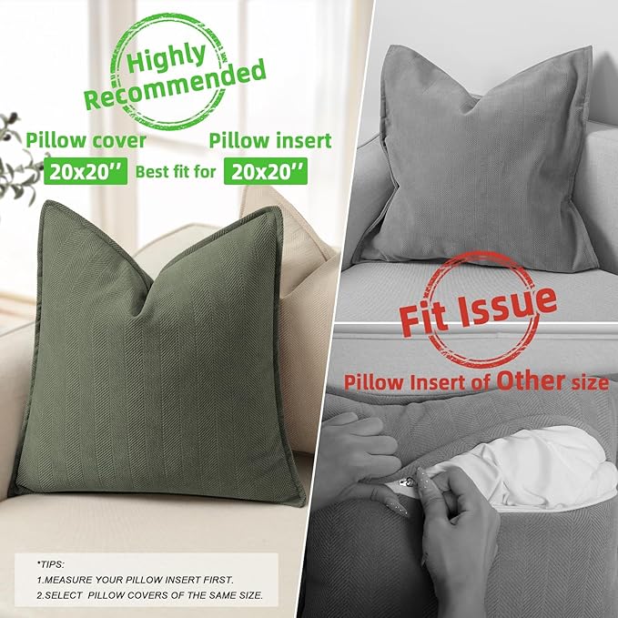 ZWJD Army Green Pillow Covers 20x20 Set of 2 Chenille Throw Pillow Covers with Elegant Design Soft and Luxurious Decorative Throw Pillows for Couch, Bed, and Home Decor