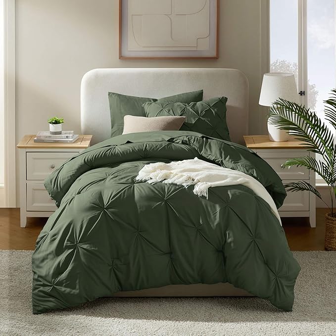 Nestl Twin XL Comforter Set 5 Piece - Pintuck Twin XL Bedding Set Olive Green, College Dorm Essentials Bed in a Bag, Twin XL Comforter Set for College Girls and Boys with Sheets, Pillowcase and Sham