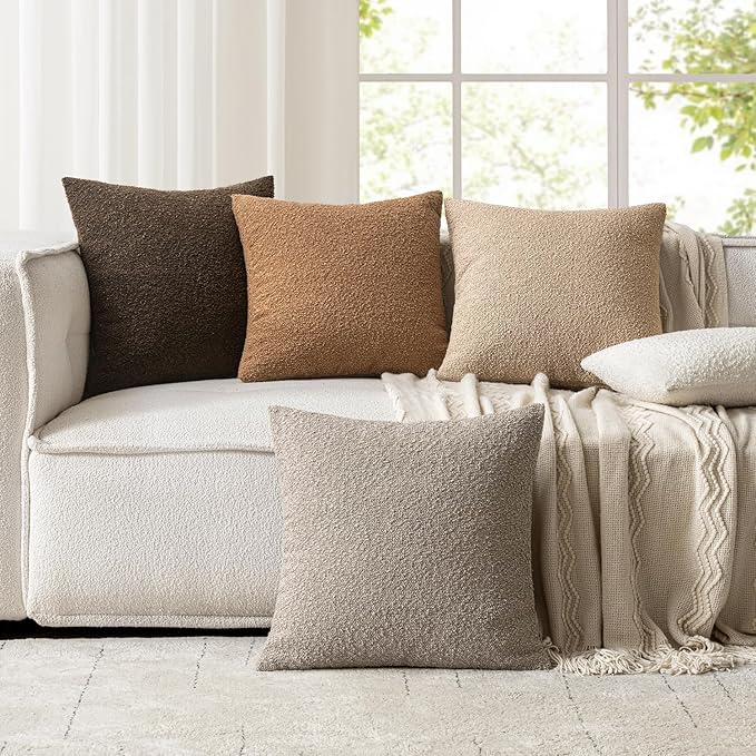Woaboy Pack of 2 18x18 Inch Decorative Boucle Throw Pillow Covers Textured Square Pillowcaes Accent Solid Cozy Soft Cushion Covers Home Decor for Sofa Couch Living Room Home Decor,Brown
