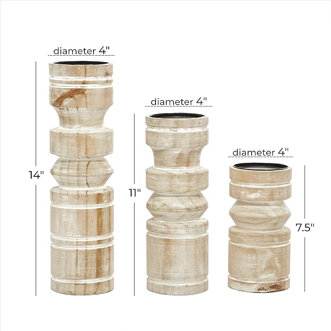 Deco 79 Wood Pillar Candle Holder with White Wash Finish, Set of 3 14", 11", 8"H, Brown