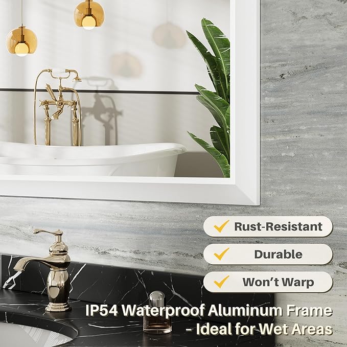 55x30 Inch White Bathroom Mirror for Wall, Thick Metal Framed Rectangle Mirrors for Over Sink, Bedroom, Living Room, Entryway, Anti-Rust, HD Tempered Glass