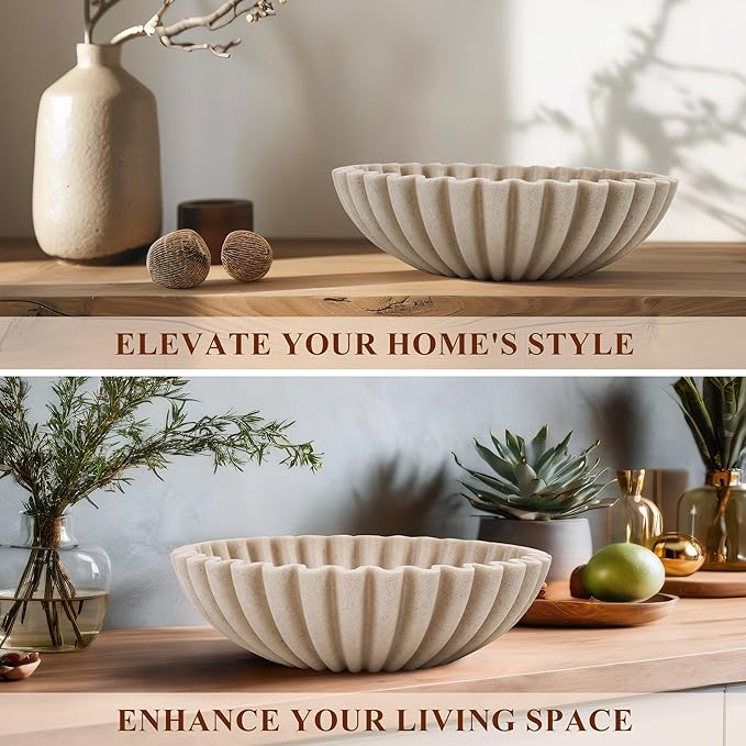 Large Decorative Bowl, Modern Handicraft Bowls for Home Decor, Decorative Fruit Bowl for Kitchen Counter, Ruffle Decor, Stylish Key Bowl for Entry Table, Artificial Stone Beige