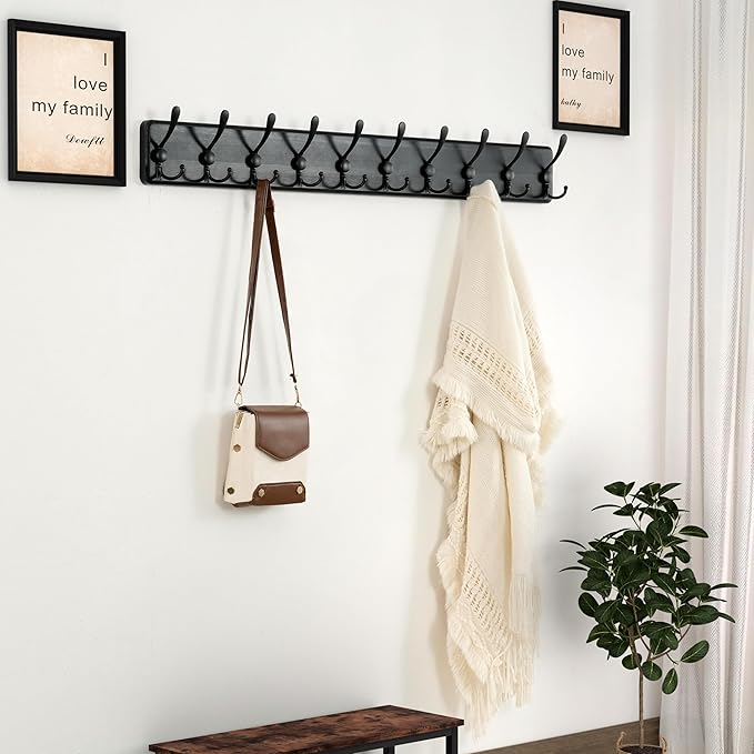 Dseap Coat Rack Wall - Heavy-Duty 38-1/4" Long, with Reinforced 10 Custom Tri-Hooks, Solid Wood Wall Hanger for Coats Hat Jackets - Rustic Farmhouse Entryway Hallway Storage, Black