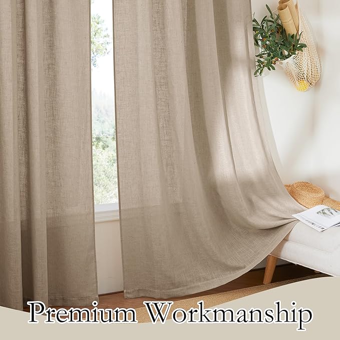 RYB HOME Extra Long Linen Curtains for Dining Room 120 inches Long, Back Tab Farmhouse Light Filtering Privacy Lightweight Floor Sweeping Drapes for Living Room, Khaki, 52" W, 2 Panels