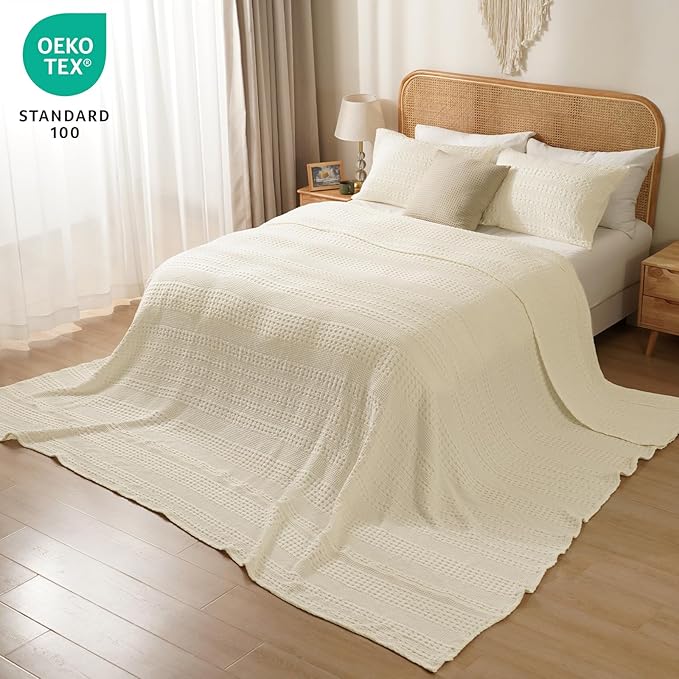 PHF 100% Cotton Waffle Blanket Oversized King 120"x120", Lightweight Breathable Extra Large 10'x10' Blankets for Bed, Giant Big Luxury Aesthetic Woven Bedding for Home Decor, Cannoli Cream