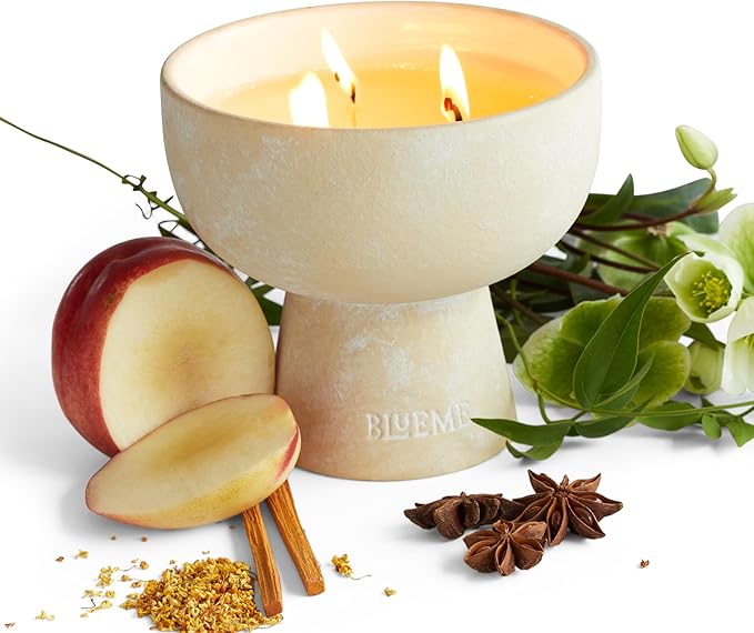 BLUEME Calm - Osmanthus & Sandalwood, Luxury Candle w/Essential Oils, 3 Wick, Hand-Poured Soy, Cotton Wick, Ceramic
