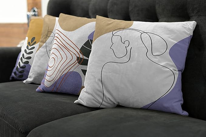 Ambesonne Minimal Throw Pillow Cushion Case Pack of 4, Modern Line Art Woman Portrait with Contemporary Leafy Geometric Details, Modern Accent Double-Sided Digital Printing, 18", Tan Amber Lavender