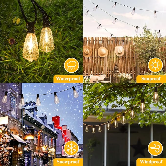 Brightever LED Outdoor String Lights 100FT Patio Lights with 52 Shatterproof ST38 Vintage Edison Bulbs, Outside Hanging Light Waterproof for Porch, Deck, Garden, Backyard, Balcony, 2700K Dimmable