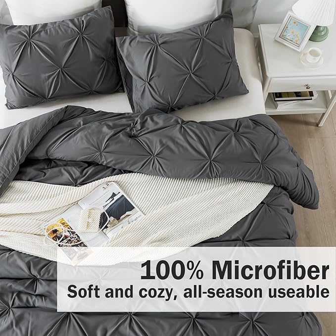 Andency Gray Pinch Pleat Comforter Twin(66x90Inch), 2 Pieces Grey Pintuck Bed, Microfiber Down Alternative Bedding Set with 1 Pillowcase
