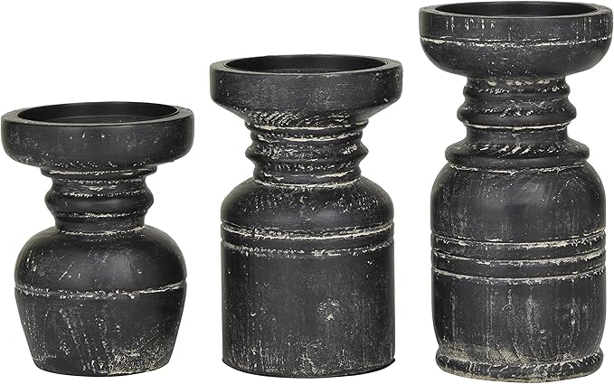 Deco 79 Wood Decorative Candle Holder Candle Stand, Set of 3 Candlestick Holder 9", 7", 6"H, Black