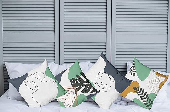 Ambesonne Minimal Throw Pillow Cushion Case Pack of 4, Modern Line Art Woman Portrait with Contemporary Leafy Geometric Details, Modern Accent Double-Sided Digital Printing, 16", Sea Green Slate Blue