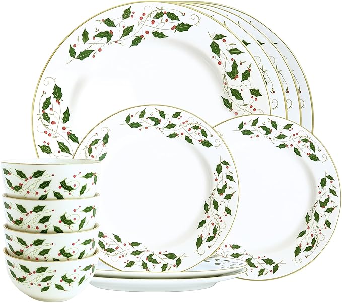 Gusto Buono Christmas World Porcelain 12Pcs Dinnerware Set – Red & Green Holly Leaf Design | 4 Cereal Bowls (5.5”), 4 Salad Plates (7.5”), 4 Dinner Plates (10.5”) - Perfect for Holiday Meals