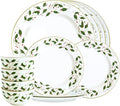 Gusto Buono Christmas World Porcelain 12Pcs Dinnerware Set – Red & Green Holly Leaf Design | 4 Cereal Bowls (5.5”), 4 Salad Plates (7.5”), 4 Dinner Plates (10.5”) - Perfect for Holiday Meals