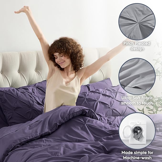Nestl California King Comforter Set 7 Piece - Pintuck Cal King Comforter Set Purple, California King Bed in a Bag, All Season Bed Set with Flat Sheet and Fitted Sheet, Pillowcases and Shams