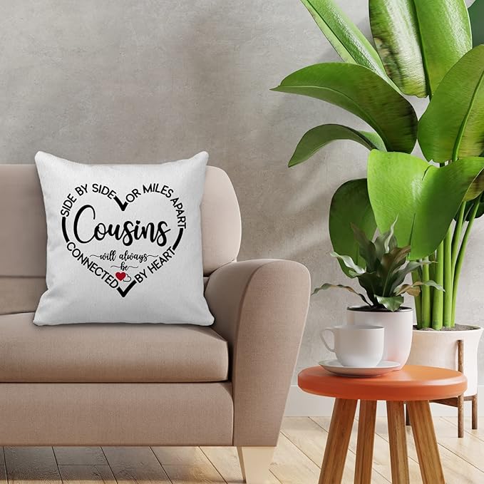 Side by Side Or Miles Apart Cousins Always Connected by Heart Decorative Throw Pillow Case Cover 18"18", Long Distance Relationship Birthday Gifts for Women Girls