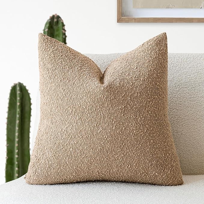 Foindtower Decorative Textured Boucle Throw Pillow Covers Accent Solid Pillow Cases Neutral Soft Cozy Couch Cushion Case for Chair Sofa Bedroom Living Room Home Decor 24 x 24 Inch,Taupe Khaki Camel
