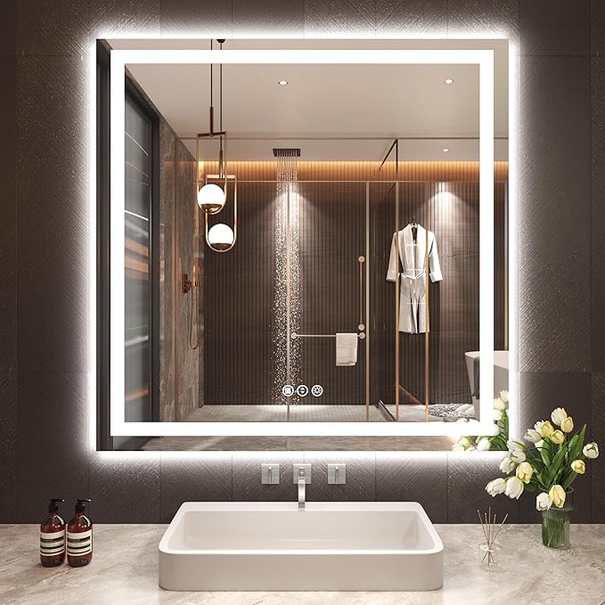 36"X36" LED Bathroom Mirror with Front Lights and Backlit, Anti-Fog, Dimmable, Shatter-Proof Tempered Glass, Lighted Bathroom Vanity Mirror for Wall with 3 Colors, Memory Function