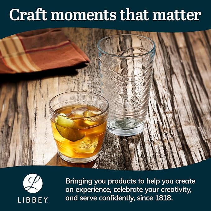 Libbey Orbita Tumbler and Rock Glass Set, Durable, Chip-Resistant Glass Cups Set with Wave Pattern, Glasses Drinking Set of 16 for Any Occasion