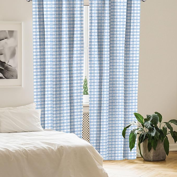 Ambesonne Checkered Curtains, Gingham Motif with Little Hearts Pastel Blue Shower Theme, Window Treatments 2 Panel Set for Living Room Bedroom, Pair of - 28" x 63", Blue