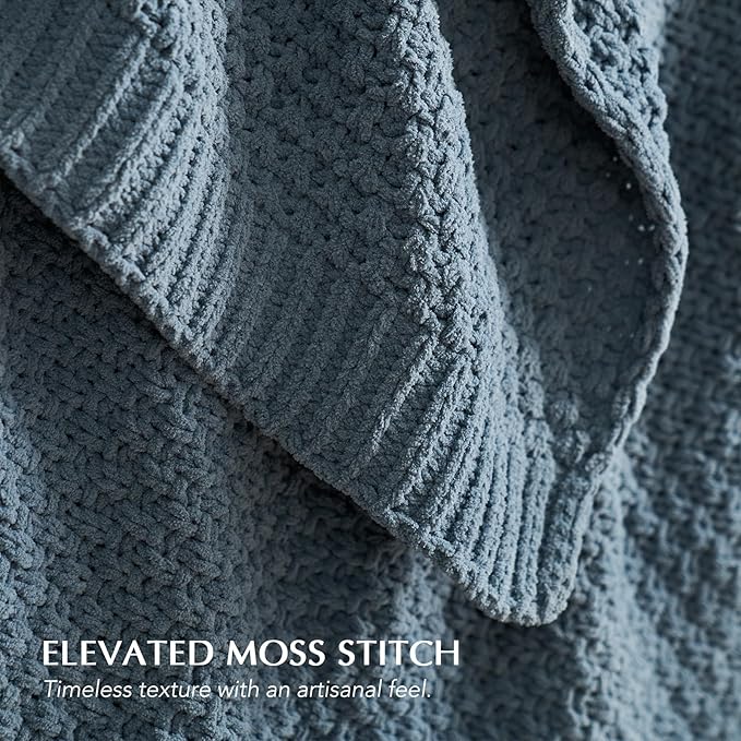 EVERGRACEHOME Chunky Chenille Knit Throw Blanket for Couch, Soft Luxurious Moss Stitch Blankets for Bed, Cozy Decorative Farmhouse Knitted Throws for Sofa, Stormy Blue, 60" x 80"
